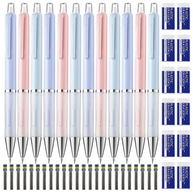12 Pcs 3 Colors Mechanical Pencils 24 Tubes Pencil Refills With 12 Pcs White Erasers For Drawing, Writing, Drafting